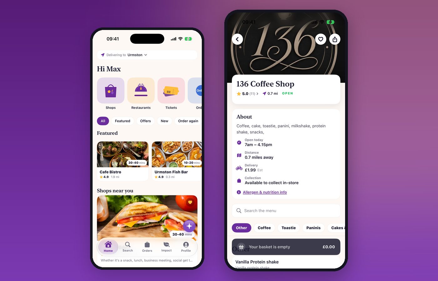 The SHOCAL app: the home screen with Shops, Restaurants and Tickets tiles, and a coffee shop's own page with opening hours, delivery and menu