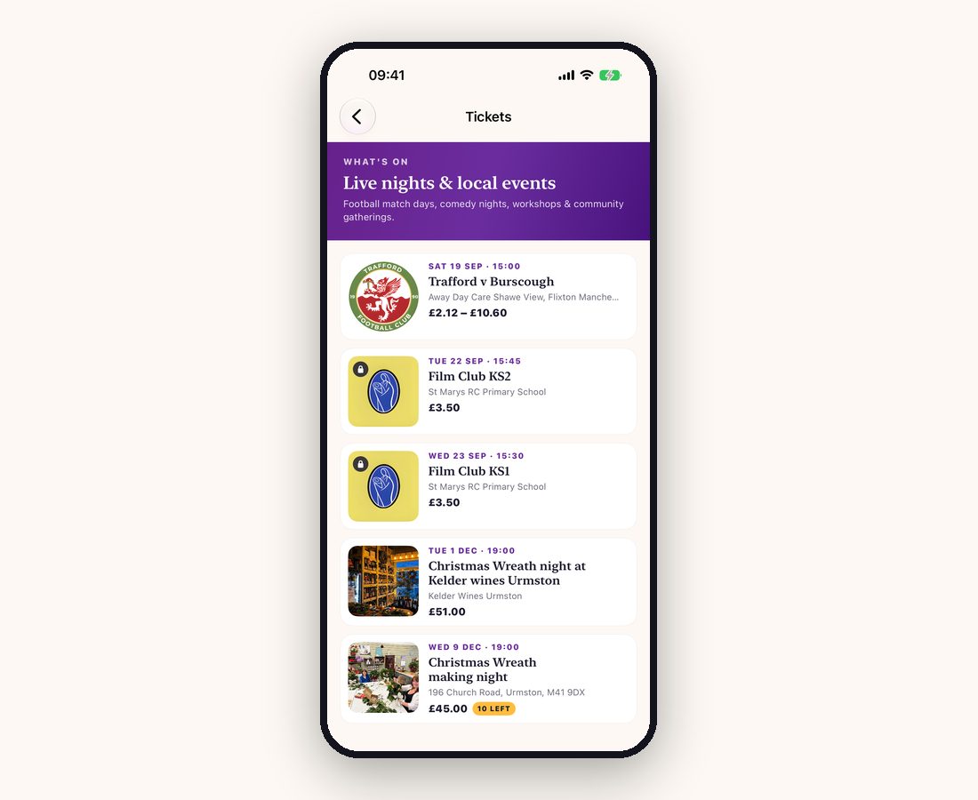 The What's On screen in the SHOCAL app, listing local events by date with ticket prices
