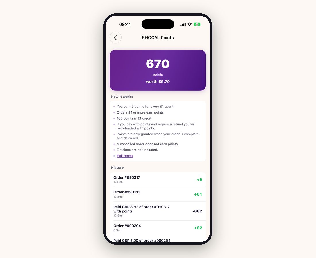 The SHOCAL Points screen in the app showing a balance of 670 points worth &pound;6.70, how the scheme works, and a history of points earned and spent