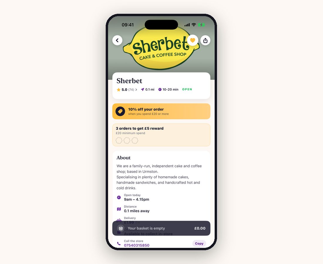 Sherbet Cake and Coffee Shop in the SHOCAL app, showing a stamp card offering &pound;5 off after three orders over &pound;20