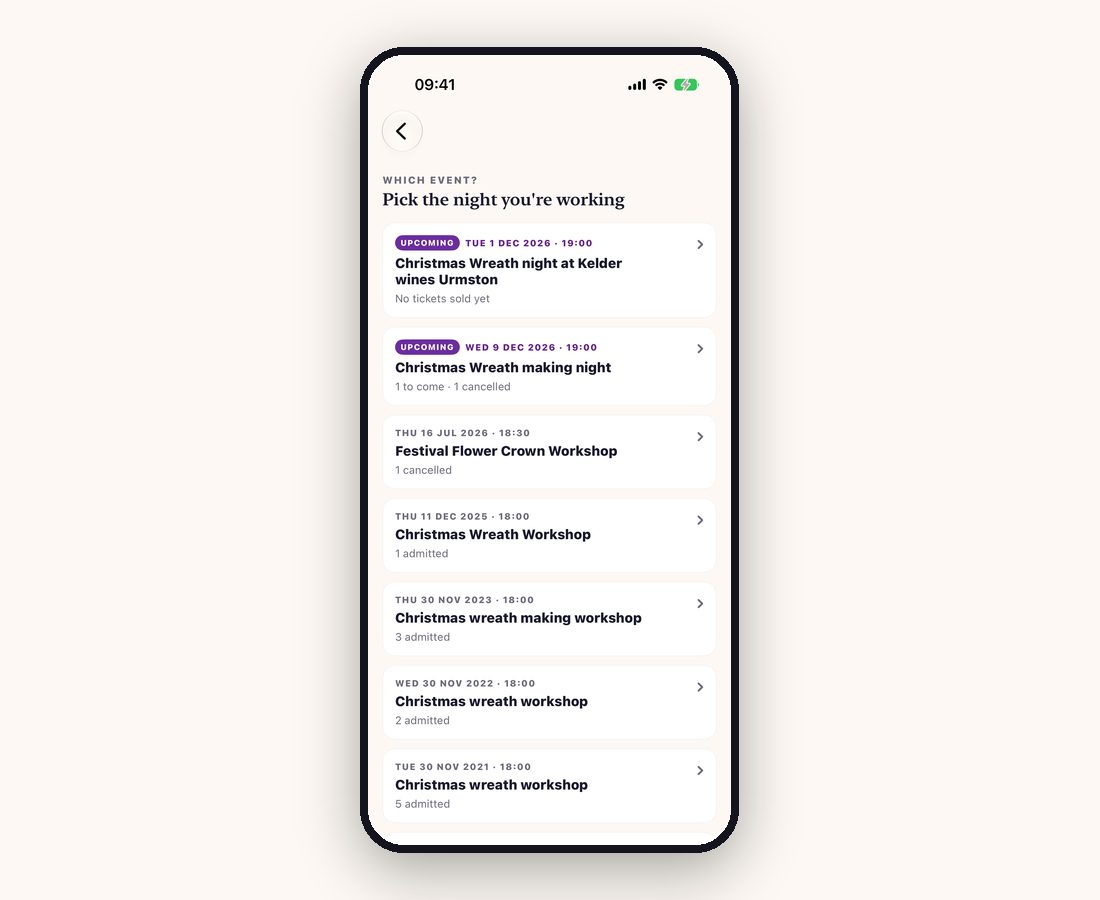 The organiser view in the SHOCAL app, listing each event with how many ticket holders are still to come and how many have been admitted