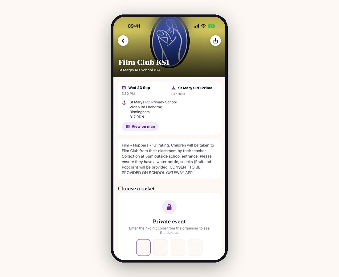 A school PTA event in the SHOCAL app, showing the date, venue, what to bring, and a four digit code gate so only invited parents can buy tickets