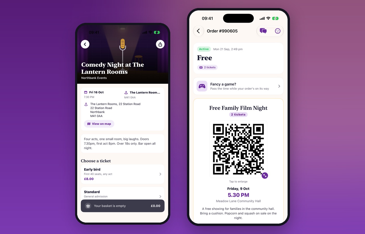 The customer's view: an event page with ticket choices, and the ticket they bought with a QR code, the date, the time and the venue