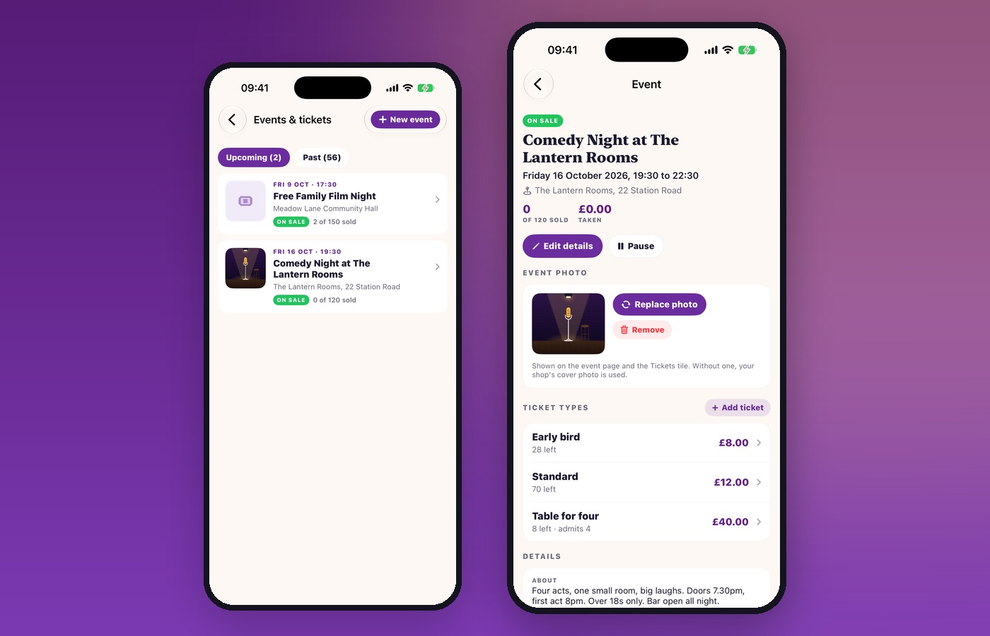 The seller's events list beside one event, showing ticket types Early bird, Standard and Table for four with their prices and how many are left