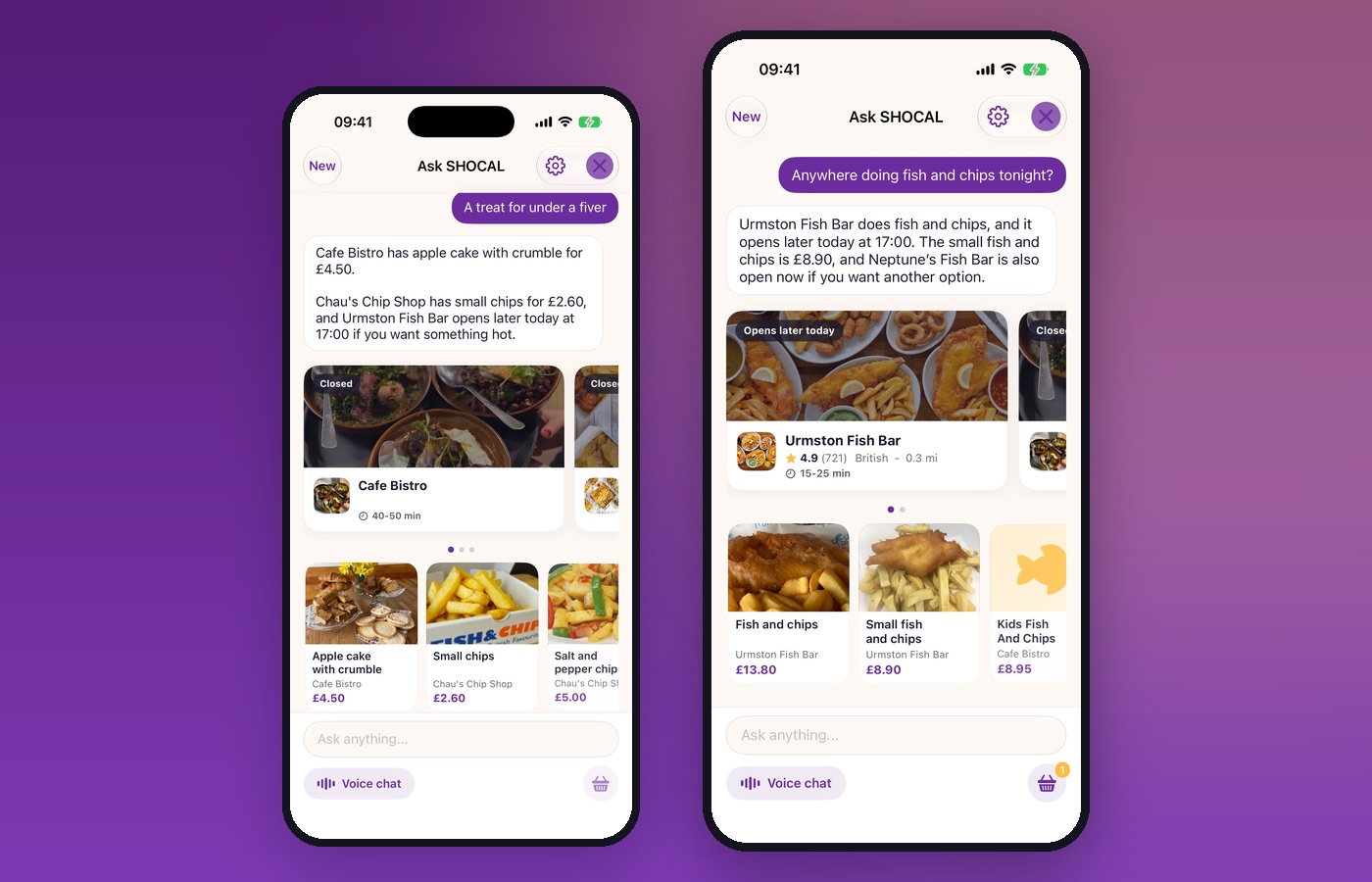 Two phone screens: Ask SHOCAL suggesting a treat under five pounds, and finding fish and chips for tonight