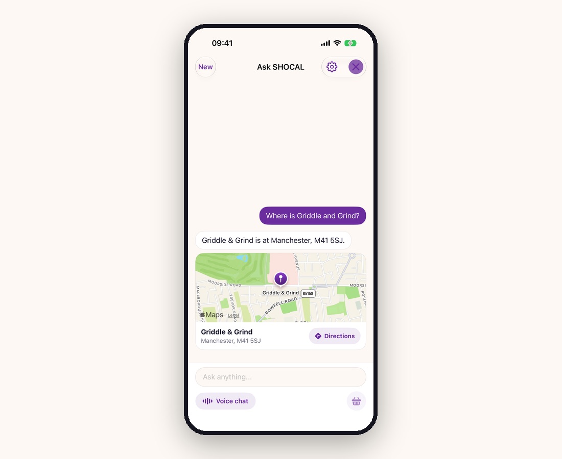 Ask SHOCAL answering where a coffee shop is with a map, a pin and a Directions button