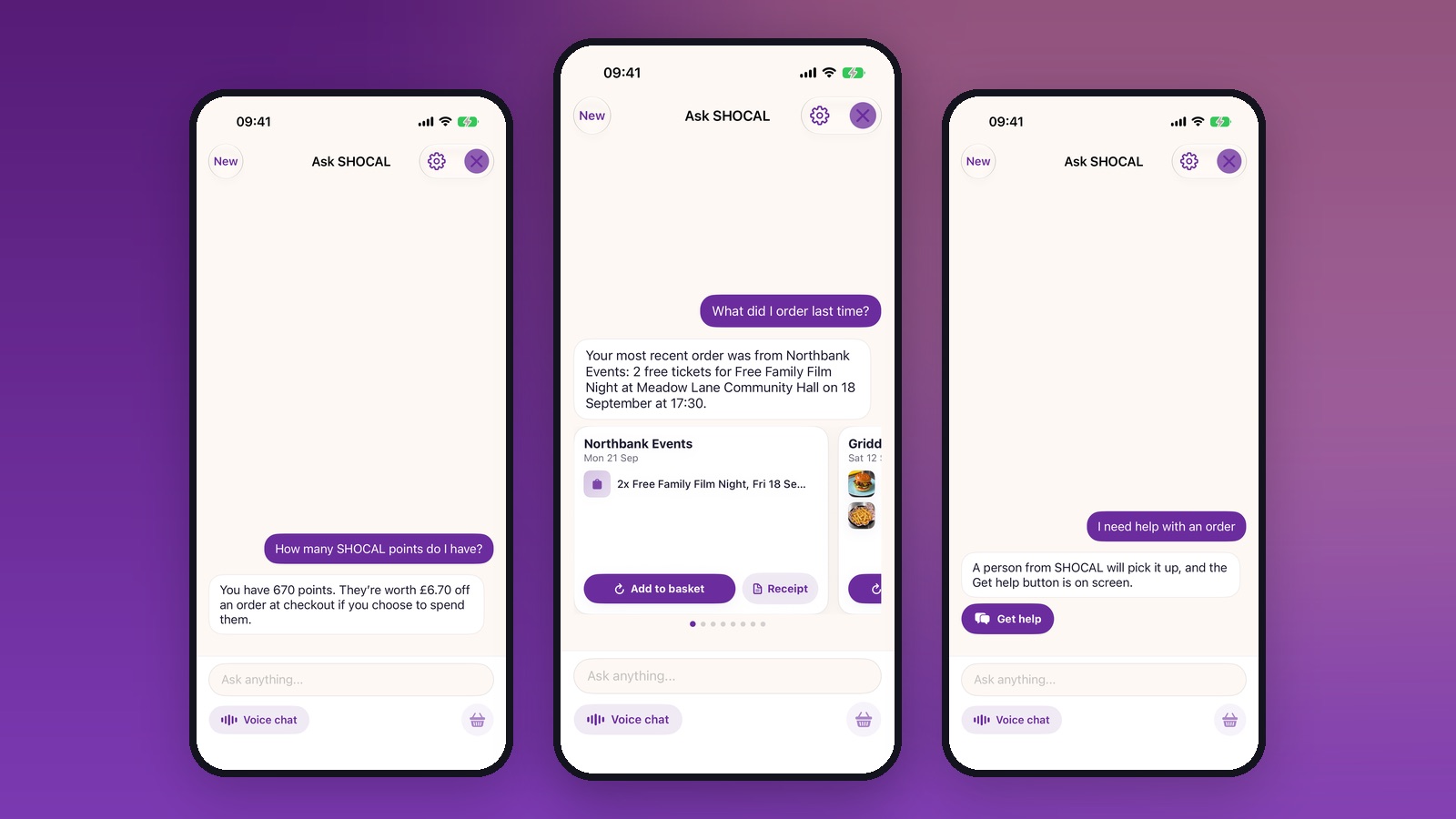 Three phone screens: Ask SHOCAL giving a points balance and what it is worth, recalling a previous order, and offering a Get help button