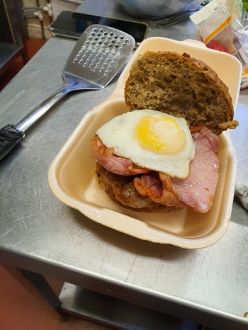 Sausage, bacon and egg barm
